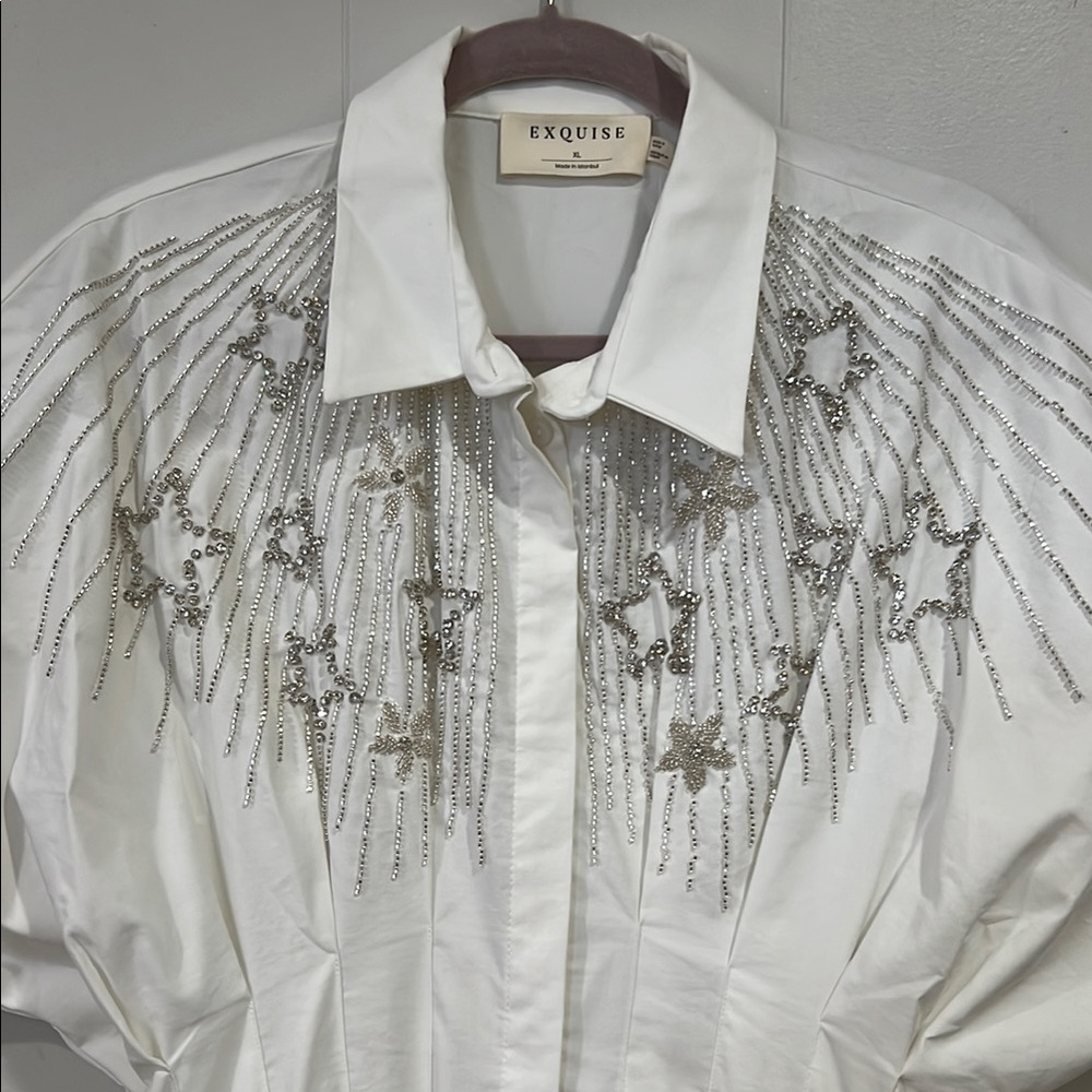 Exquise White Embellished Shirt Dress